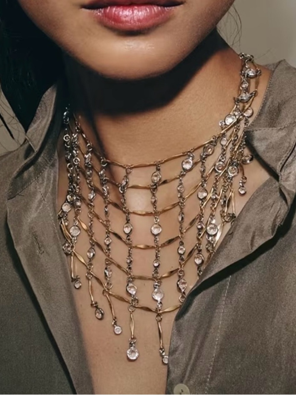 Gold Crystal Multi-Strand Drop Necklace - Women Jewelry